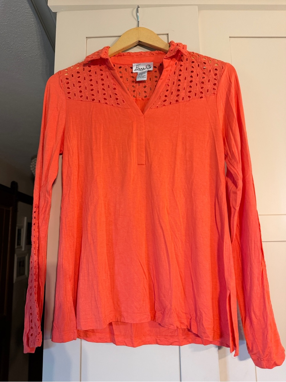 Emma G orange lightweight top with eyelet yoke and on sleeve, size M